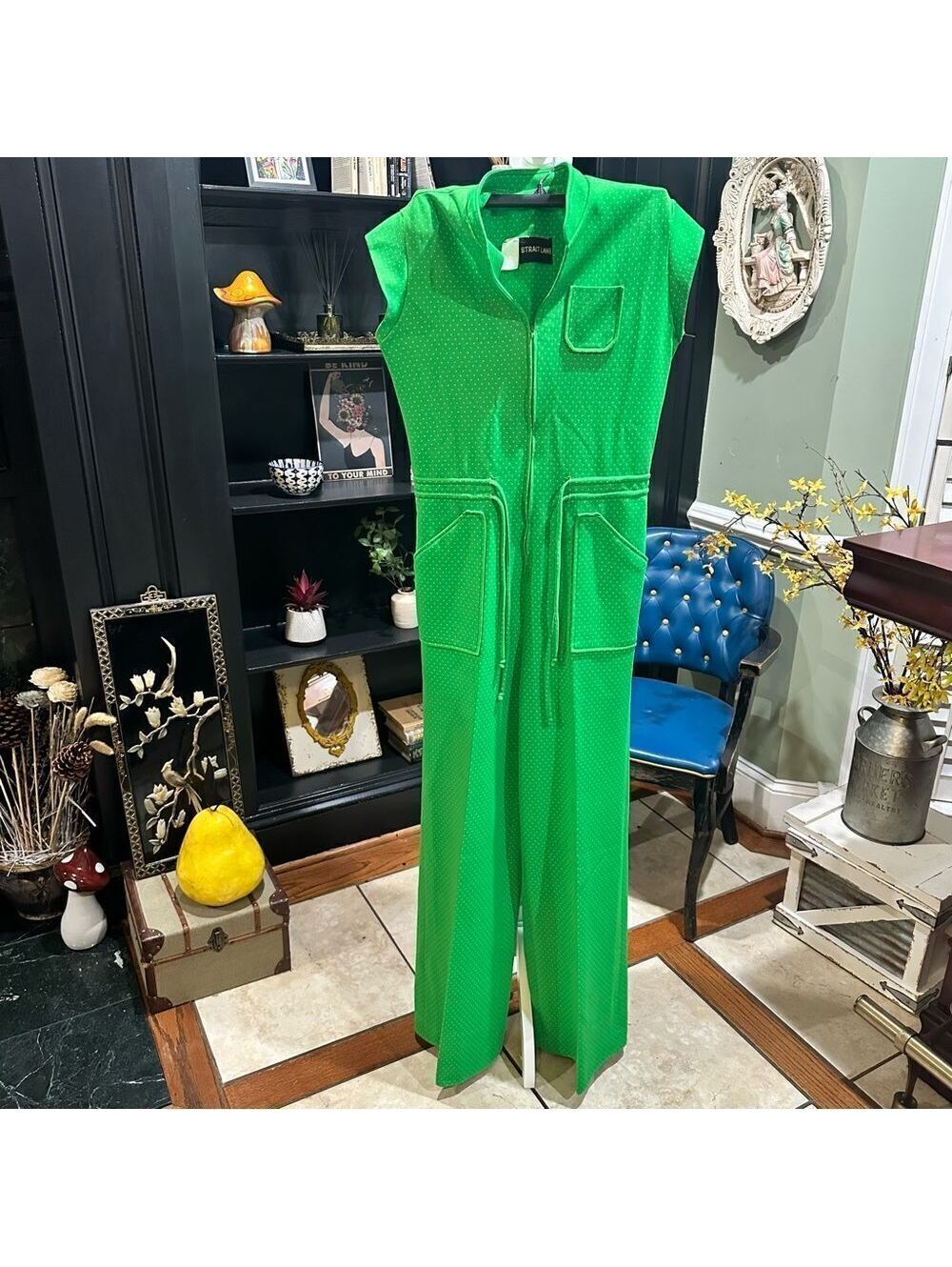70s Swiss Dot, Zipper Front Wide Leg Jumpsuit (M, 31"-33" Waist)